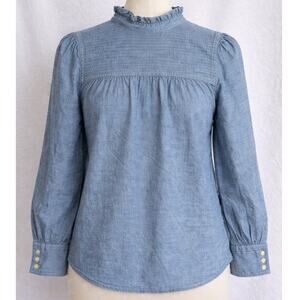 Gap 1969 Medium Chambray Smocked Blouse Keyhole Back Tie Top Blue